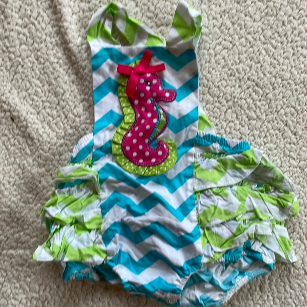 Adorable 9m Seahorse cross back ruffled Sunsuit